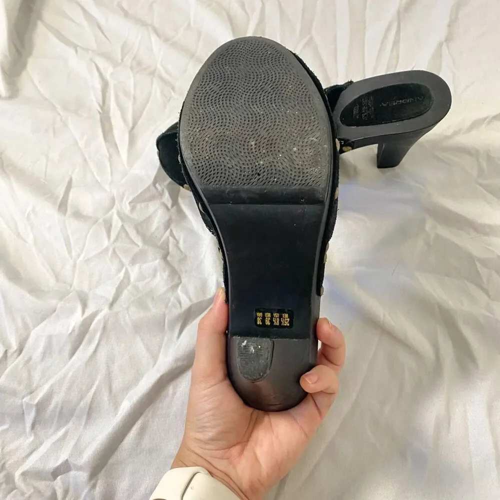 Andres Genuine Leather Black Boho Witchy Brassy Gold Studded Suede Clogs US 8.5 - Picture 6 of 8